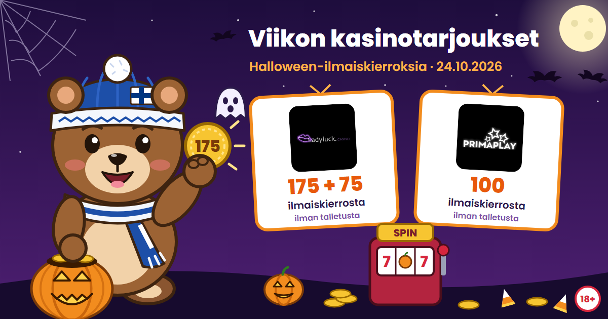 Nettikasinot.betin maskotti Onni-karhu kurpitsasangon ja ilmaiskierroskolikon kanssa: LadyLuckin 175 + 75 ja Primaplayn 100 ilmaiskierrosta ilman talletusta